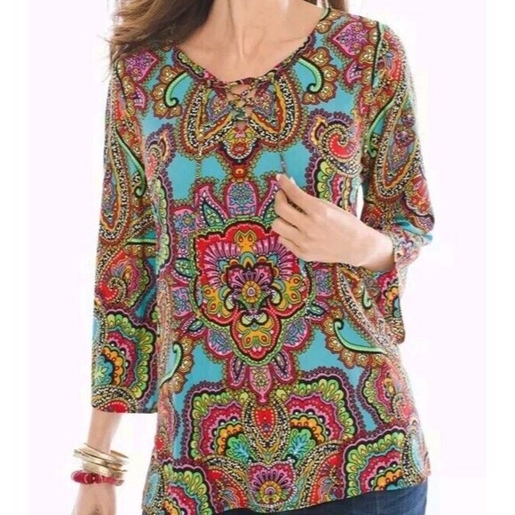 Chico's Paisley Tunic Top Size 2 Large Colorful Flare Sleeves - Picture 2 of 8